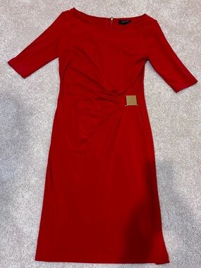 Classic Red Midi Dress with Side Drape and Gold Accent